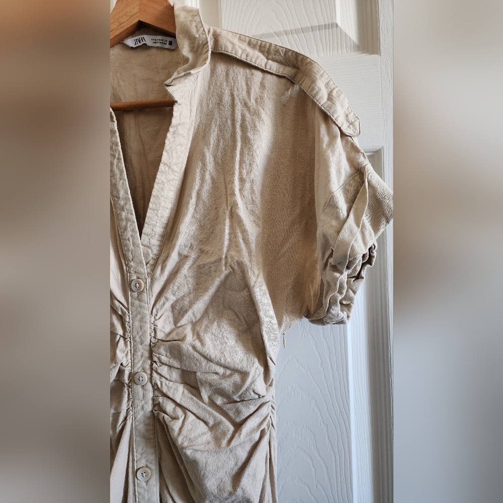 Zara Cream Collared Ruched Shirtdress
